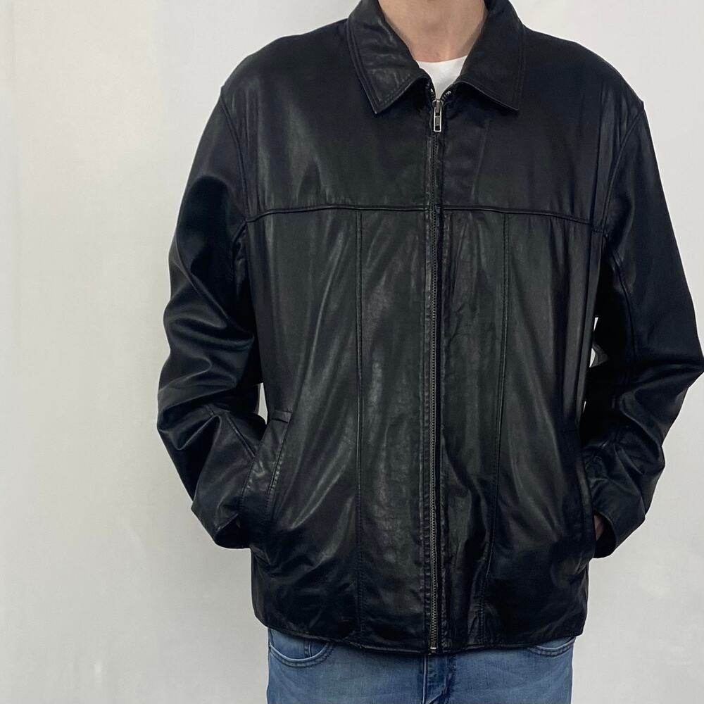 Wilson’s Black Leather Pointed Collar Full Zip Bomber Pilot Aviator Jacket Sz XL